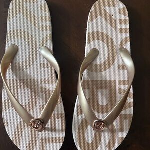Michael Kors Beige and Gold MK Logo Flip Flops size 10